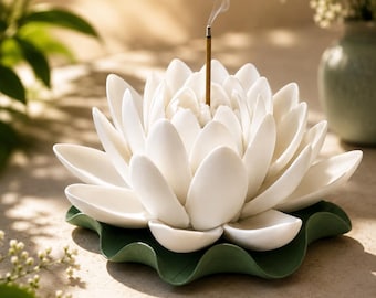 Handmade Ceramic White Lotus Flower Incense Holder, Yoga Altar Decor Gift for Mindful Meditation