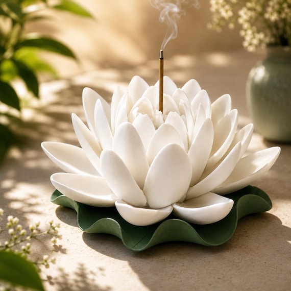 Handmade Ceramic White Lotus Flower Incense Holder, Yoga Altar Decor Gift for Mindful Meditation