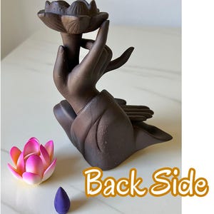 May include: A dark brown ceramic incense burner shaped like a hand holding a lotus flower, accompanied by a small pink and yellow artificial lotus flower and a purple cone incense. The text "Back Side" is printed in orange on the lower right.