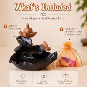 May include: A black ceramic lotus-shaped incense burner with a brown lotus flower top and a small butterfly accent. Beside it sits an orange organza gift bag containing three colourful backflow incense cones. Text includes What's Included.