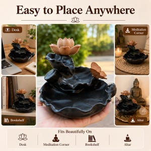 May include: A black ceramic incense burner shaped like a lotus leaf with a light brown wooden lotus flower on top and a small brown butterfly accent. The text "Easy to Place Anywhere" and "Fits Beautifully On" is visible in the image.