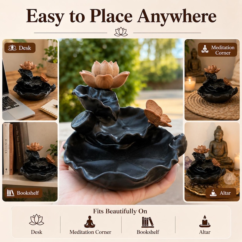 May include: A black ceramic incense burner shaped like a lotus leaf with a light brown wooden lotus flower on top and a small brown butterfly accent. The text "Easy to Place Anywhere" and "Fits Beautifully On" is visible in the image.