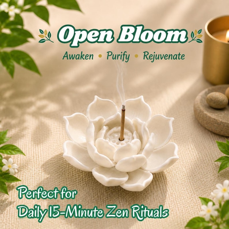 Może przedstawiać: Biały ceramiczny stojak na kadzidełka w kształcie kwiatu lotosu z zapalonym kadzidełkiem emitującym cienką smugę dymu. Tekst głosi Open Bloom, Awaken, Purify, Rejuvenate oraz Perfect for Daily 15-Minute Zen Rituals w kolorze ciemnozielonym.