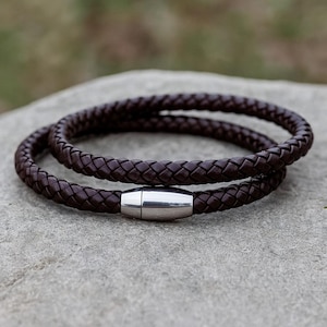 Mens Brown Genuine Leather Braided Bracelet, Double Wrap Braided With Magnetic Stainless Steel Clasp, Antique Brown Braided Leather Bracelet