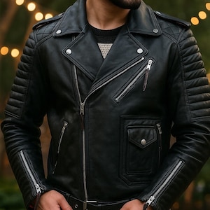 Men&#39;s Black 100% Genuine Lambskin Leather Biker Jacket, Men&#39;s Black Leather Slim Fit Quilted Motorcycle Jacket, Leather Jacket, Gift For Him