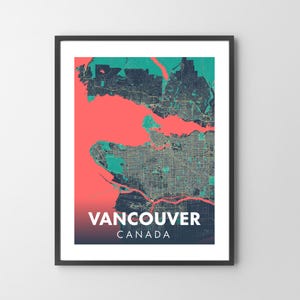 Vancouver, Colombie-Britannique, Canada, plan de la ville imprimable, téléchargement numérique, art mural, cadeau unique pour un anniversaire, anniversaires, décoration de bureau