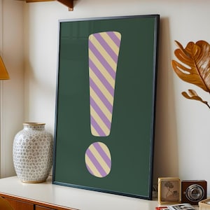 Exclamation Point Wall Print - Yellow & Purple Vibrant Exclamation Point on Dark Green Background - Punctuation Mark Text Poster Home Decor