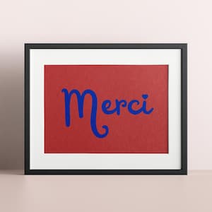 Poster coeur rouge et bleu Merci - Merci Beaucoup d'art mural français - Décoration d'intérieur France Lovers - Impression de texte de citation simple et douce