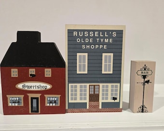 Cats Meow Village Wooden Sweetshop & Russells Olde Tyme Shoppe Miniatures Shelf Sitters