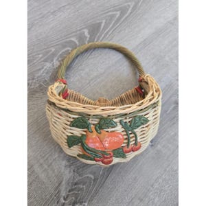 Vintage Woven Wicker Basket Vibrant Colors & Fruit Motif Handled for Hanging