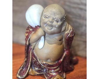 Vintage Ceramic Laughing Buddha Figurine Red Cloak with Sack