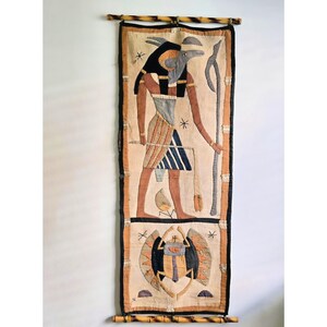 Handcrafted Egyptian Tapestry Wall Hanging With Anubis & Scarab Designs Vintage Textile Art