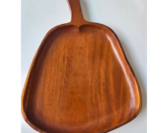 Mid Century Teak Wood Serving Tray With Handle Pear Shape Vintage Kitchenware
