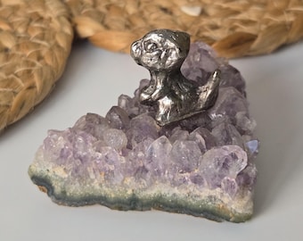 Amethyst Crystal Geode with Pewter Chipmunk Figurine