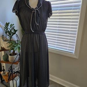 Black and White Polka Dot Dress w Ascot Bow Tie Collar Midi 70s Secretary Dress Semi Sheer Byer Too Size 9