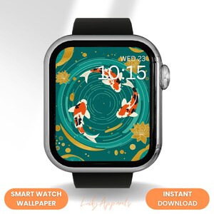 Cadran de montre Apple Koi Fish Pond Art, cadran de montre intelligente japonais Lotus Zen, nénuphar or turquoise, papier peint calme chanceux, téléchargement numérique
