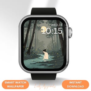 Cadran de montre Apple pour le bain forêt ruisseau, visage de montre intelligente femme au clair de lune art, papier peint japonais nuit luciole eau sereine, téléchargement numérique