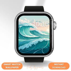 Cadran stylisé de montre Apple vague océanique, cadran de montre intelligente Sea Sun Surf Art, papier peint de Style japonais bleu sarcelle d'eau, téléchargement numérique