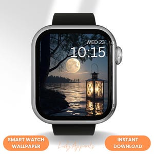 Cadran de montre Apple lanterne lumière lune, cadran de montre intelligente lueur d'eau de nuit, fond d'écran tranquille de lac reflet de pleine lune, téléchargement numérique