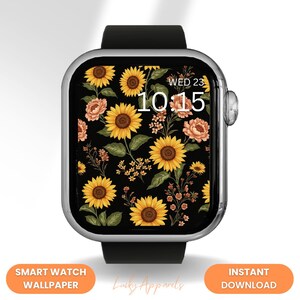 Quadrante dell'orologio con motivo a girasole e peonia, carta floreale scura con motivo a pesca gialla, botanica estiva nera, arte allegra, download digitale