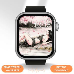 Visage de montre Apple femme cerise d'eau, robe noire art cadran de montre intelligente, fond d'écran serein de Sakura Lake rose fleur calme, téléchargement numérique