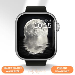 Cadran de montre Apple reflet pleine lune, cadran de montre intelligente eau ciel nocturne, papier peint réaliste lever de lune céleste, téléchargement numérique