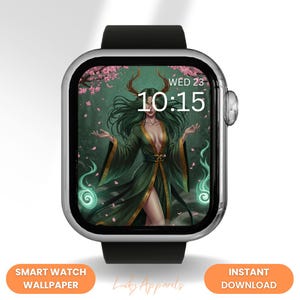 Naturgöttin Kunst Apple Uhrengesicht, Waldgeist grün Smart Watch Face, Fantasy Geweih Frau Sakura Magic Wallpaper, digitaler Download