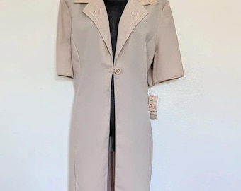 Vintage 90s Cellia London Duster Jacket Dress Beige Embroidered Outerwear 12-14