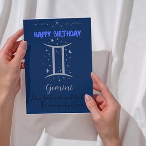 Cartão de feliz aniversário para gêmeos, cartão de aniversário do zodíaco de gêmeos para impressão, cartão de signo, cartão de aniversário para signos astrológicos, para ele, para ela
