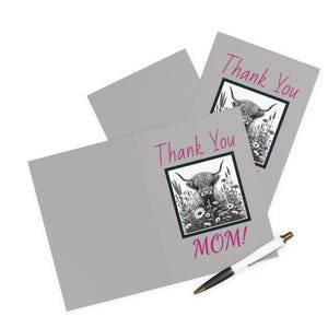Paquete de 5 tarjetas con diseño de ganado de las Tierras Altas encantador: te amo, mamá. Juego de tarjetas para el Día de la Madre. Estilo de granja, amante de la naturaleza, ocasión floral, diseño ecológico.