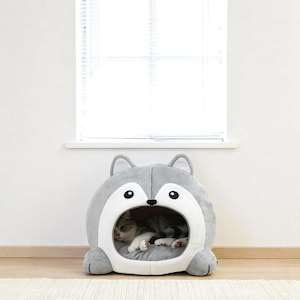 Plush Husky Pet Cave Bed – Soft Enclosed Indoor Cat House & Small Dog Condo – Cozy Plush Pet Shelter