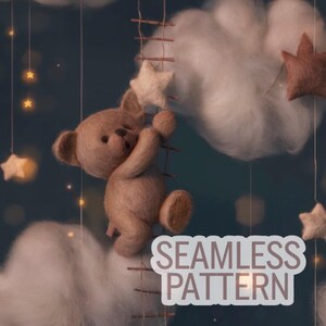 Verträumter Nachthimmel, 3D-Wollfilz-Teddybär, Sterne und Wolken - Nahtloses Muster, digitaler Download, 3600px mal 3600px, 300 DPI