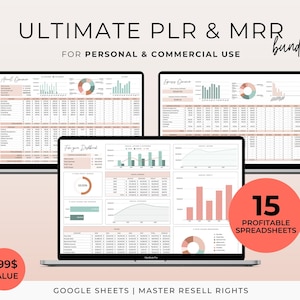 Op de afbeelding: Drie laptops met spreadsheets met grafieken en gegevens. De tekst luidt "ULTIMATE PLR & MRR" en "FOR PERSONAL & COMMERCIAL USE". Een rode cirkel geeft "15 PROFITABLE SPREADSHEETS" aan. De waarde wordt vermeld als "699$".