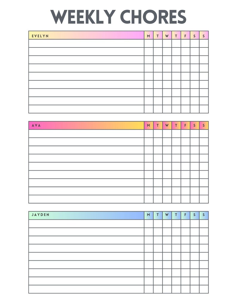 Weekly Chore Chart - 3 Kids - Etsy