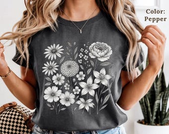T-shirt con disegno botanico a linee, maglietta vintage con schizzo floreale, maglietta oversize in cotone dai colori comodi