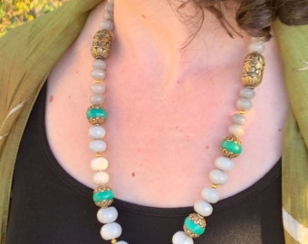 Summer Rains- Graduated Malaysian Jade Necklace in Stormy Gray Hues with Brass and Verdant Green Agate Tibetan Beads.