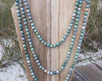 Sea Spray - Triple Strand Hand-Knotted Jasper Necklace in Hues of Mellow Greens and Blues (Medium Version)