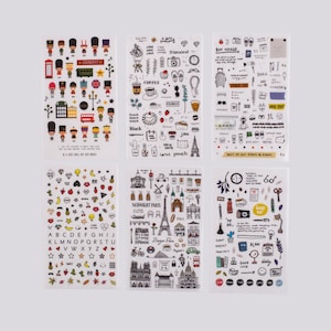 Bonjour Paris - Stickers de voyage en PET découpés (Lot de 6) - Architecture dessin au trait minimaliste / Style manuel