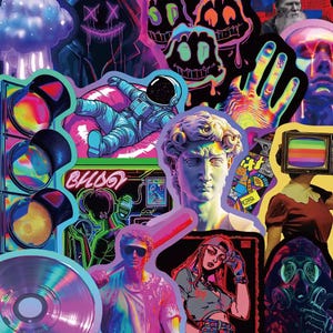 Könnte beinhalten: Eine lebendige Collage aus Aufklebern mit verschiedenen Pop-Art-Elementen. Enthält einen Astronauten, eine Statue, eine Hand mit Regenbogenfarben und eine Person mit einem Fernseh-Kopf. Das Wort "Buddy" ist ebenfalls sichtbar.