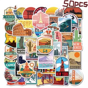 May include: A collection of 50 travel-themed stickers featuring iconic landmarks and destinations. Stickers include the Eiffel Tower, Statue of Liberty, and the Colosseum. The stickers are colorful and feature text such as "Paris", "New York", and "Roma".