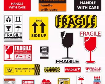Pegatinas de advertencia de fragilidad: etiquetas de cuidado y manipulación impermeables - Juego de 20