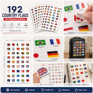 Pode incluir: Conjunto de 192 autocolantes de bandeiras de países, PVC à prova d'água, com cores brilhantes. Cada folha mede 10 x 15 cm. Perfeito para bagagem, scrapbooking e projetos DIY.