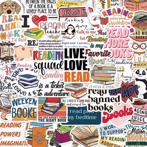 May include: A collage of colorful stickers with various designs related to reading. The stickers feature books, phrases like "Reading Squad," and cute illustrations of animals reading. The overall theme is about books and reading.