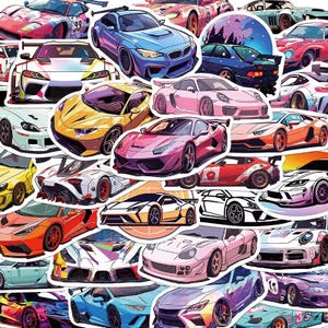 Könnte beinhalten: Eine Sammlung farbenfroher Autoaufkleber mit verschiedenen Sportwagendesigns. Die Aufkleber zeigen eine Reihe von Farben, darunter Rot, Blau, Gelb, Rosa und Weiß, mit detaillierten Illustrationen verschiedener Automodelle.