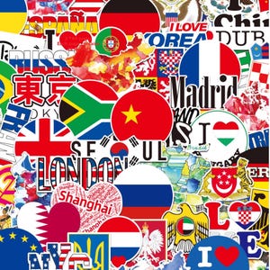 A set of 60PCS Country Flag/City Stickers – Waterproof World Travel Decals for Laptop, Suitcase & Scrapbook