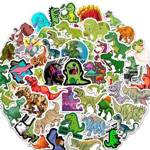 May include: A collection of colorful dinosaur stickers in various shapes and sizes. The stickers feature different types of dinosaurs in shades of green, red, orange, and blue. Some stickers have text, including "RAWR" and "I AM UNSTABLE".