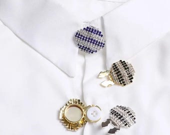 Crystal Stripe No Sew Button Covers: Detachable Collar & Cuff Accessories