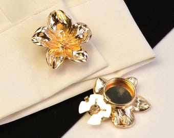 Floral Button Covers: Gold or Silver Lily Shirt Charms (Set of 2)