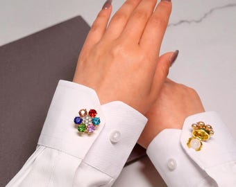 Crystal Flower Cuff Button Covers: Rhinestone Brass Clip-On Shirt Accessory (1 pair)