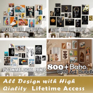 May include: A collection of wall art prints, including abstract, black and gold, animal, and boho styles. The image displays various framed art pieces, with text overlays indicating the themes and bundle sizes. The bottom text reads "All Design with High Quality Lifetime Access."
